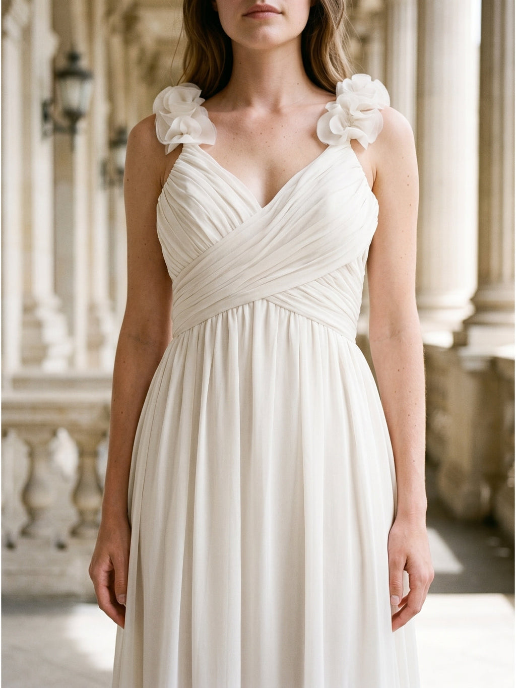Ivory Chiffon A-Line V-Neck Back Zip Floor-Length Bridesmaid Dress with Pleated Finish - Curvevia