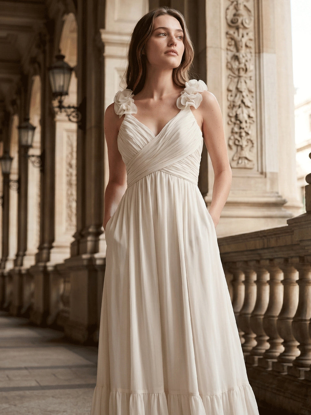 Ivory Chiffon A-Line V-Neck Back Zip Floor-Length Bridesmaid Dress with Pleated Finish - Curvevia