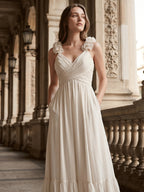 Ivory Chiffon A-Line V-Neck Back Zip Floor-Length Bridesmaid Dress with Pleated Finish - Curvevia