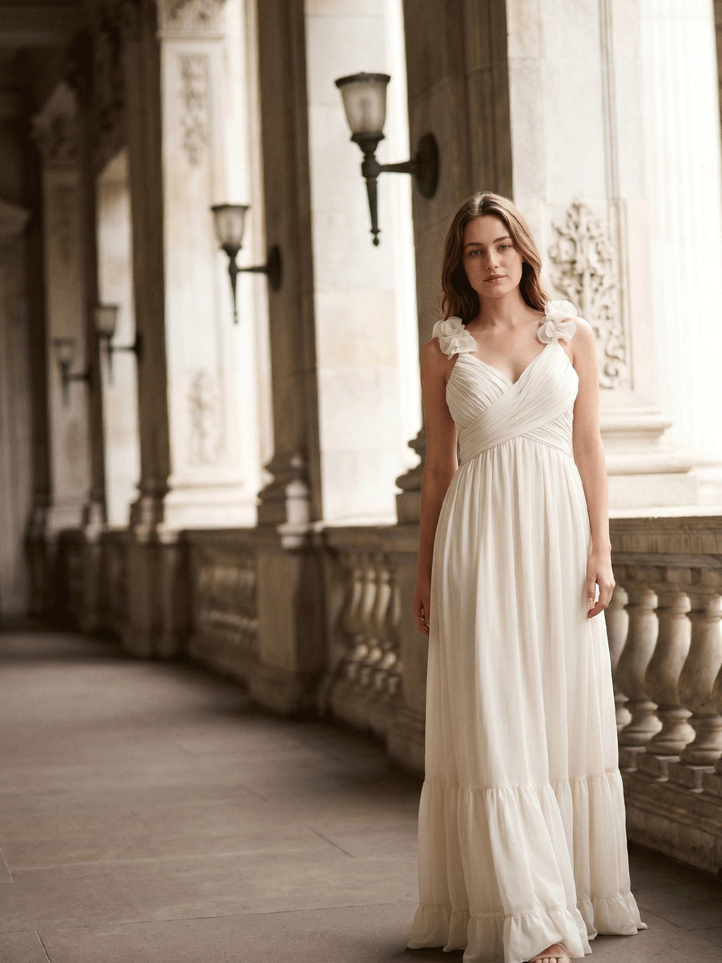 Ivory Chiffon A-Line V-Neck Back Zip Floor-Length Bridesmaid Dress with Pleated Finish - Curvevia