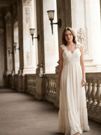 Ivory Chiffon A-Line V-Neck Back Zip Floor-Length Bridesmaid Dress with Pleated Finish - Curvevia