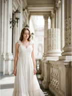 Ivory Chiffon A-Line V-Neck Back Zip Floor-Length Bridesmaid Dress with Pleated Finish - Curvevia