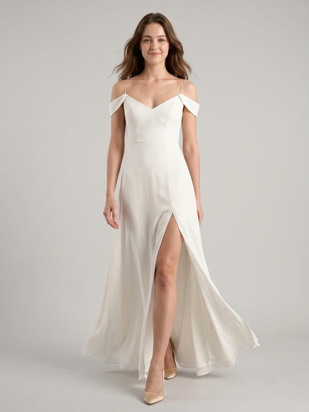 Ivory Chiffon A-Line V-Neck Floor-Length Bridesmaid Dress - Curvevia