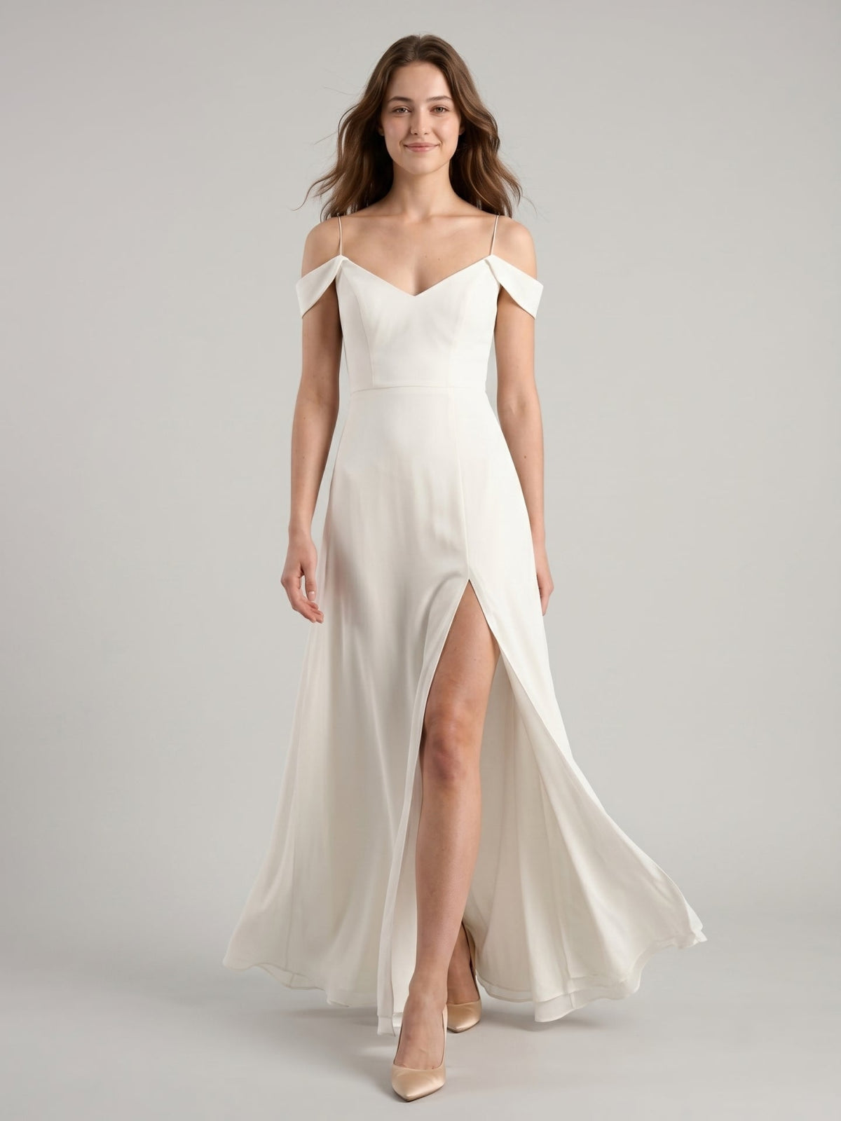 Ivory Chiffon A-Line V-Neck Floor-Length Bridesmaid Dress - Curvevia