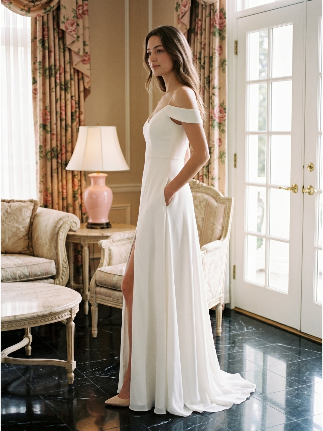 Ivory Chiffon A-Line V-Neck Floor-Length Bridesmaid Dress - Curvevia