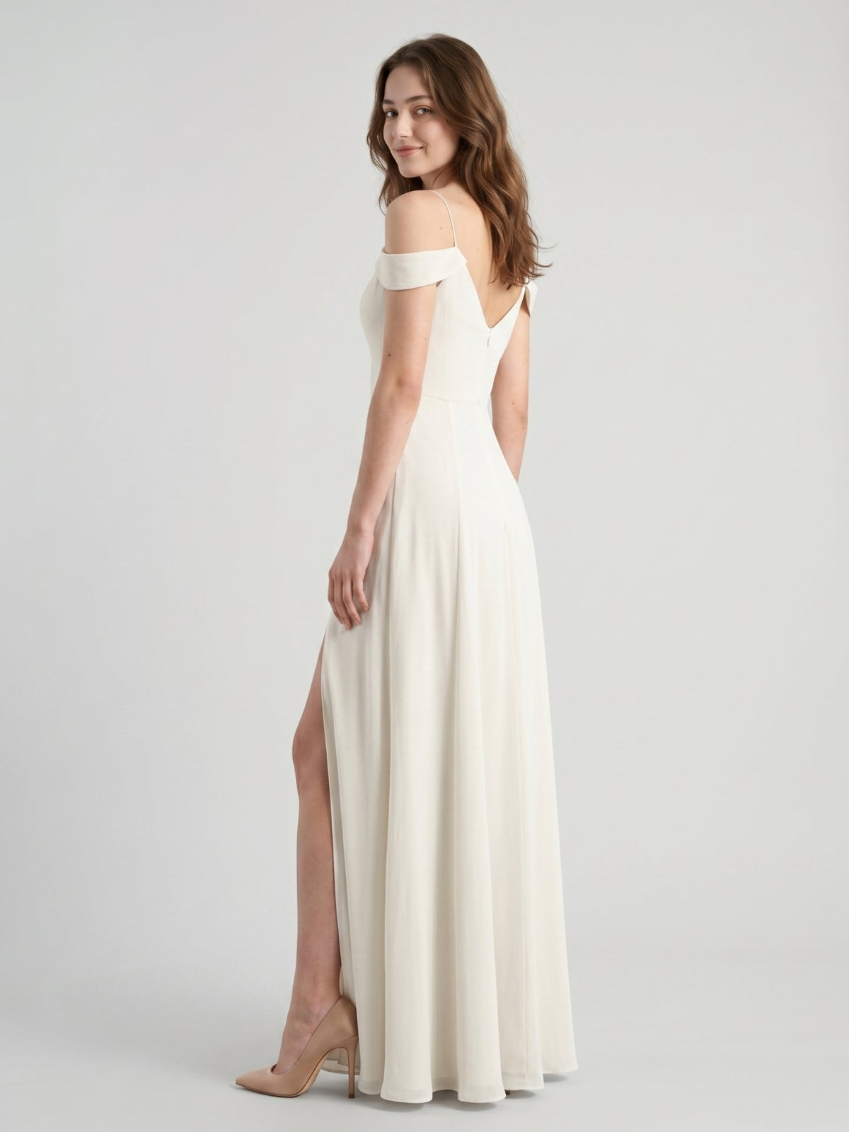 Ivory Chiffon A-Line V-Neck Floor-Length Bridesmaid Dress - Curvevia
