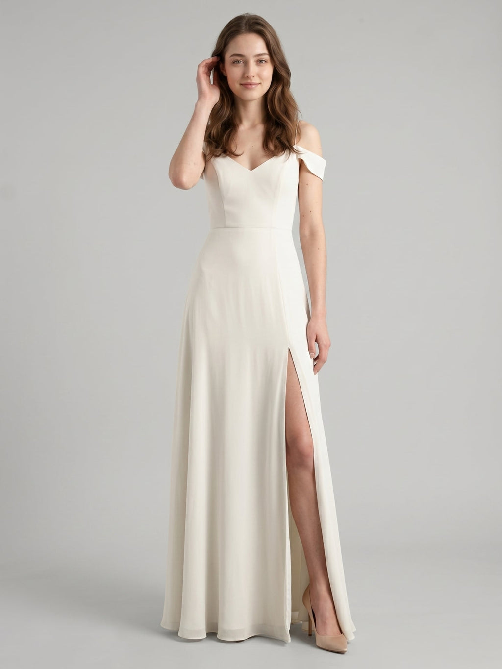 Ivory Chiffon A-Line V-Neck Floor-Length Bridesmaid Dress - Curvevia