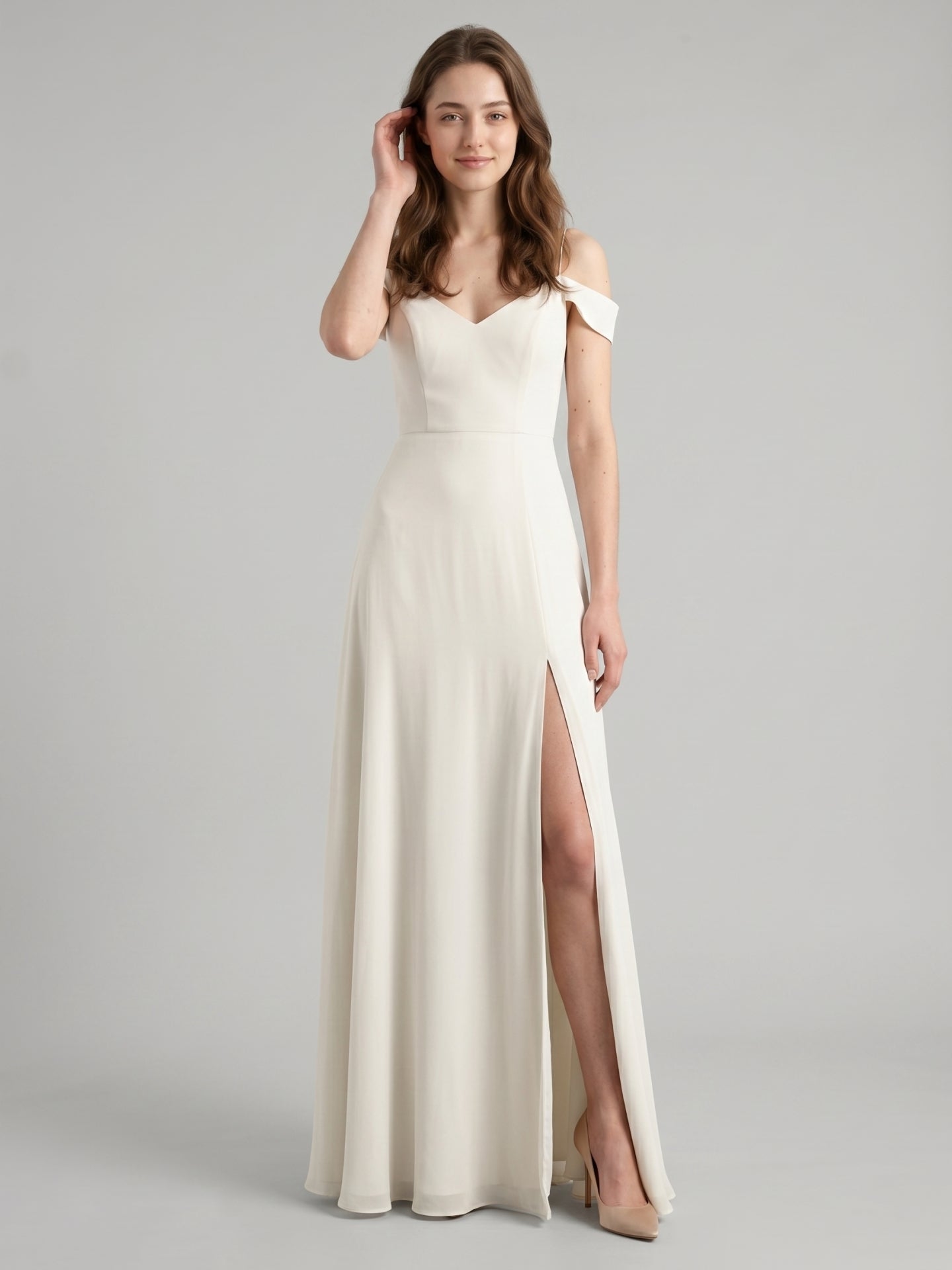 Ivory Chiffon A-Line V-Neck Floor-Length Bridesmaid Dress - Curvevia