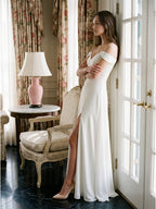 Ivory Chiffon A-Line V-Neck Floor-Length Bridesmaid Dress - Curvevia