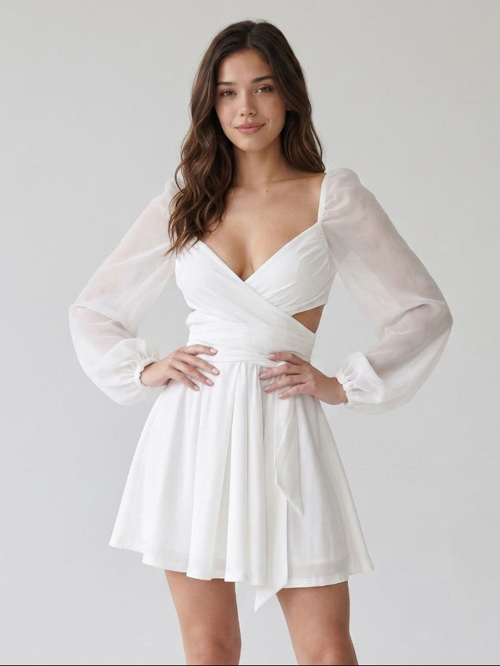 Ivory Chiffon A-Line V-Neck Short Dress with Pleating - Curvevia