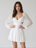 Ivory Chiffon A-Line V-Neck Short Dress with Pleating - Curvevia