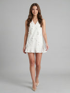 Ivory Chiffon Column V-Neck Back Zip Knee-Length Bridesmaid Dress with Bow - Curvevia