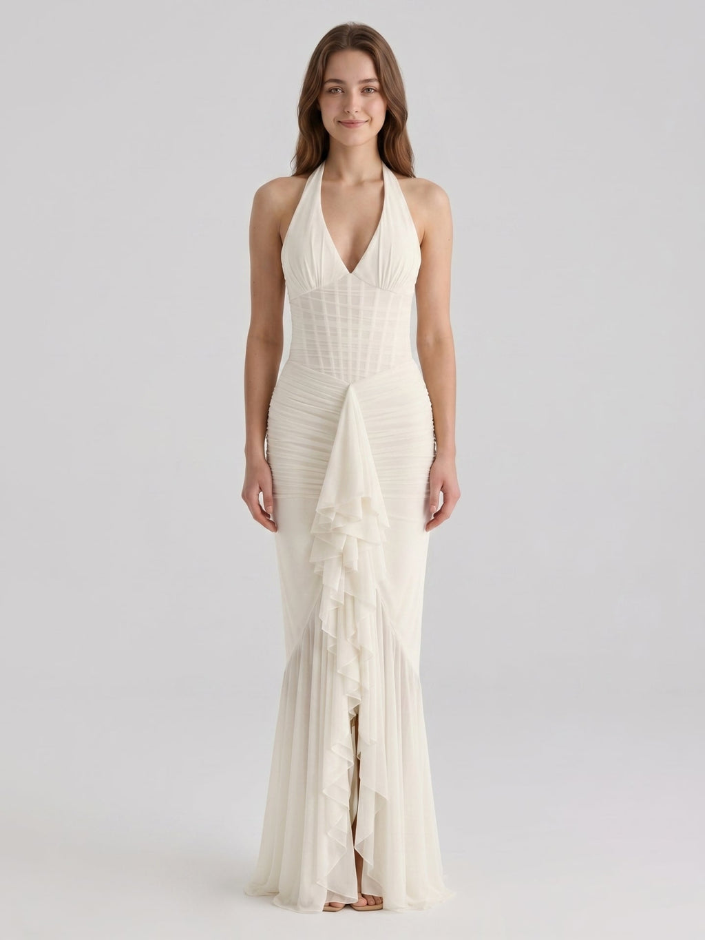 Ivory Chiffon Mermaid Halter neckline Back Zip Floor-Length Ruffle Bridesmaid Dress - Curvevia