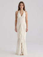Ivory Chiffon Mermaid Halter neckline Back Zip Floor-Length Ruffle Bridesmaid Dress - Curvevia