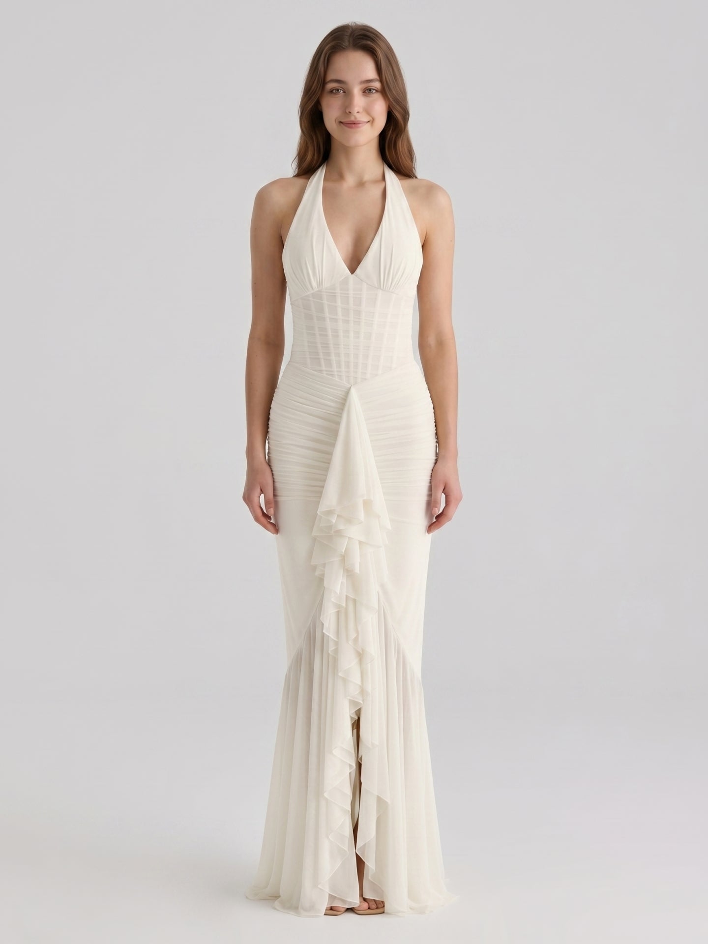 Ivory Chiffon Mermaid Halter neckline Back Zip Floor-Length Ruffle Bridesmaid Dress - Curvevia