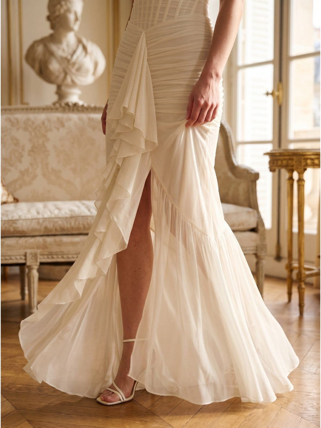 Ivory Chiffon Mermaid Halter neckline Back Zip Floor-Length Ruffle Bridesmaid Dress - Curvevia