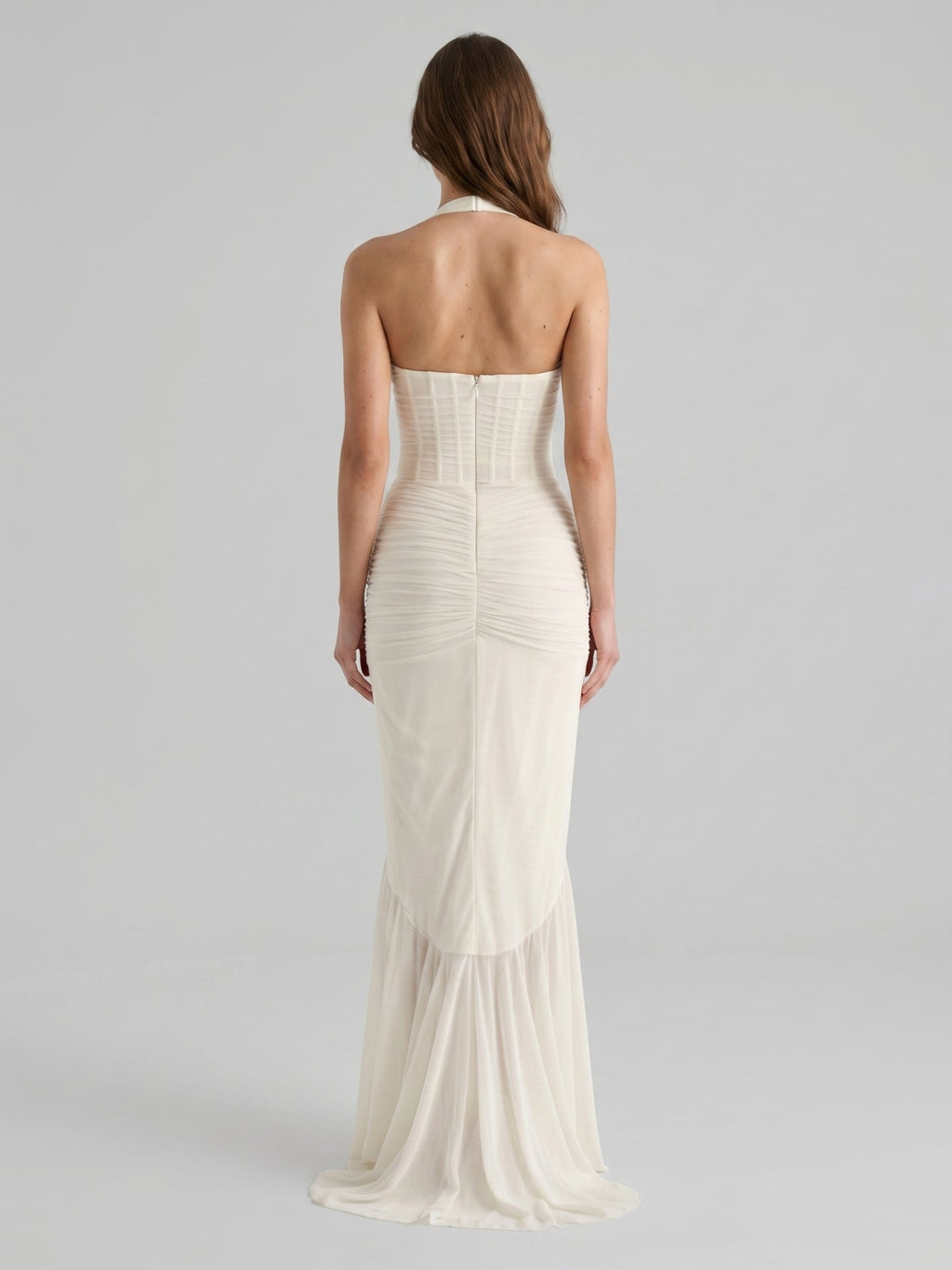 Ivory Chiffon Mermaid Halter neckline Back Zip Floor-Length Ruffle Bridesmaid Dress - Curvevia
