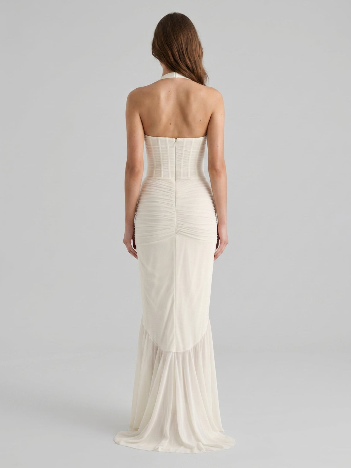 Ivory Chiffon Mermaid Halter neckline Back Zip Floor-Length Ruffle Bridesmaid Dress - Curvevia