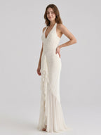 Ivory Chiffon Mermaid Halter neckline Back Zip Floor-Length Ruffle Bridesmaid Dress - Curvevia