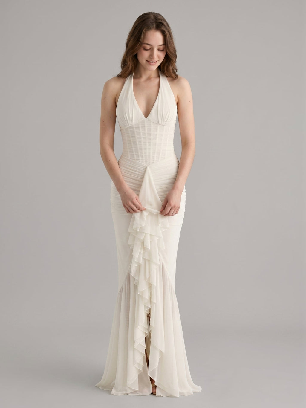 Ivory Chiffon Mermaid Halter neckline Back Zip Floor-Length Ruffle Bridesmaid Dress - Curvevia
