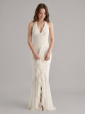 Ivory Chiffon Mermaid Halter neckline Back Zip Floor-Length Ruffle Bridesmaid Dress - Curvevia