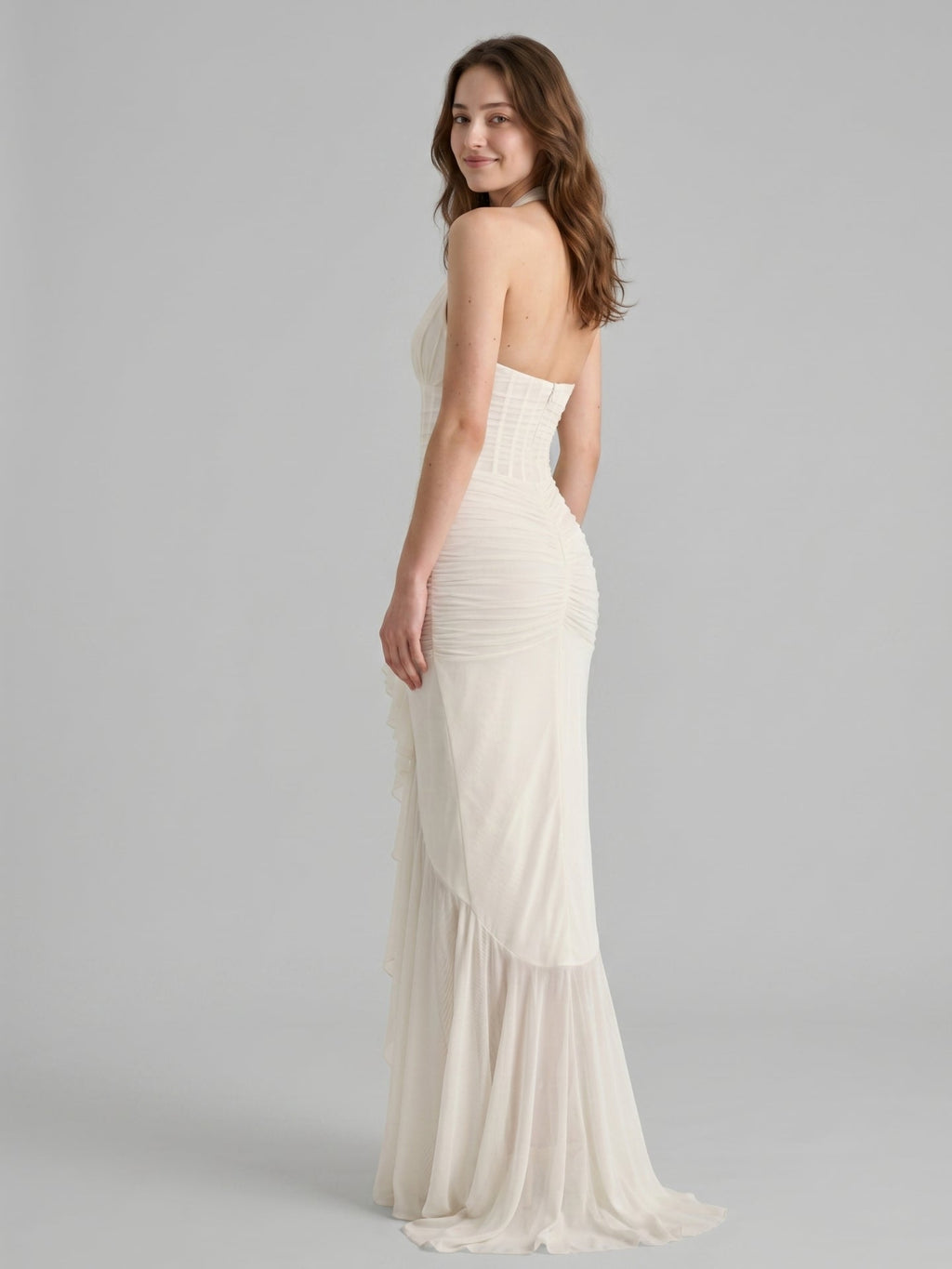 Ivory Chiffon Mermaid Halter neckline Back Zip Floor-Length Ruffle Bridesmaid Dress - Curvevia