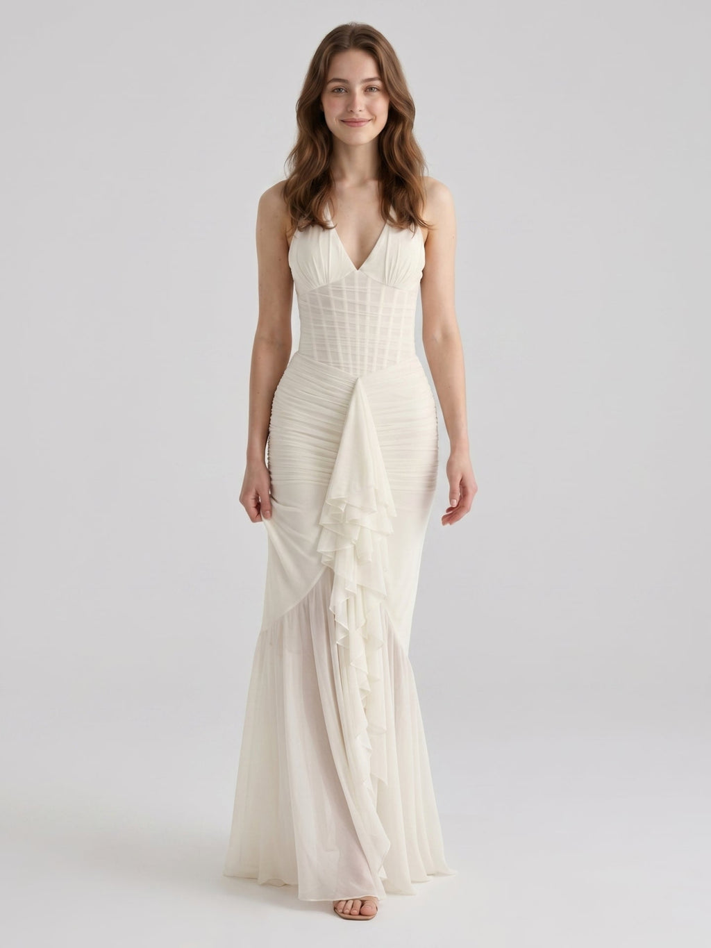 Ivory Chiffon Mermaid Halter neckline Back Zip Floor-Length Ruffle Bridesmaid Dress - Curvevia
