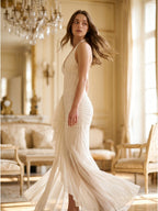 Ivory Chiffon Mermaid Halter neckline Back Zip Floor-Length Ruffle Bridesmaid Dress - Curvevia