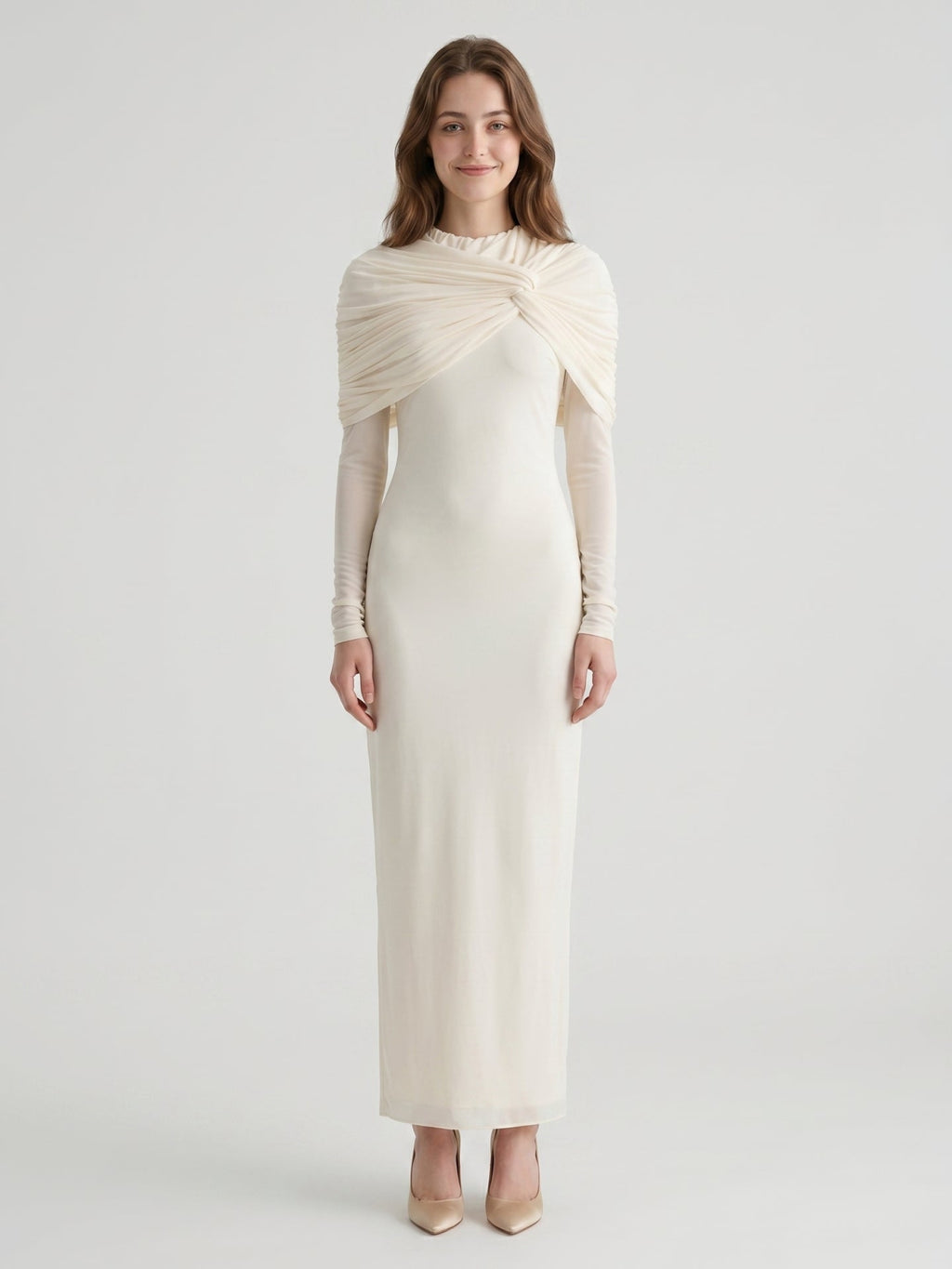 Ivory Chiffon Sheath Cowl Neck Back Zip Floor-Length Bridesmaid Dress - Curvevia
