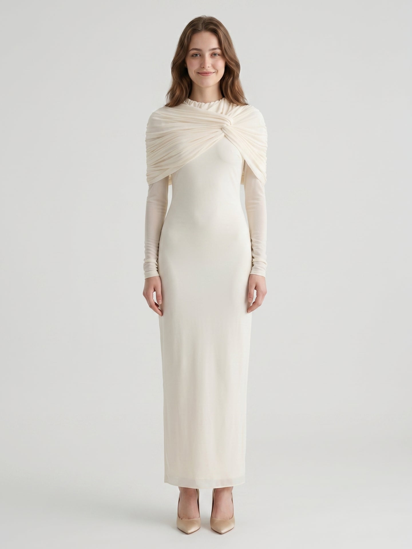 Ivory Chiffon Sheath Cowl Neck Back Zip Floor-Length Bridesmaid Dress - Curvevia