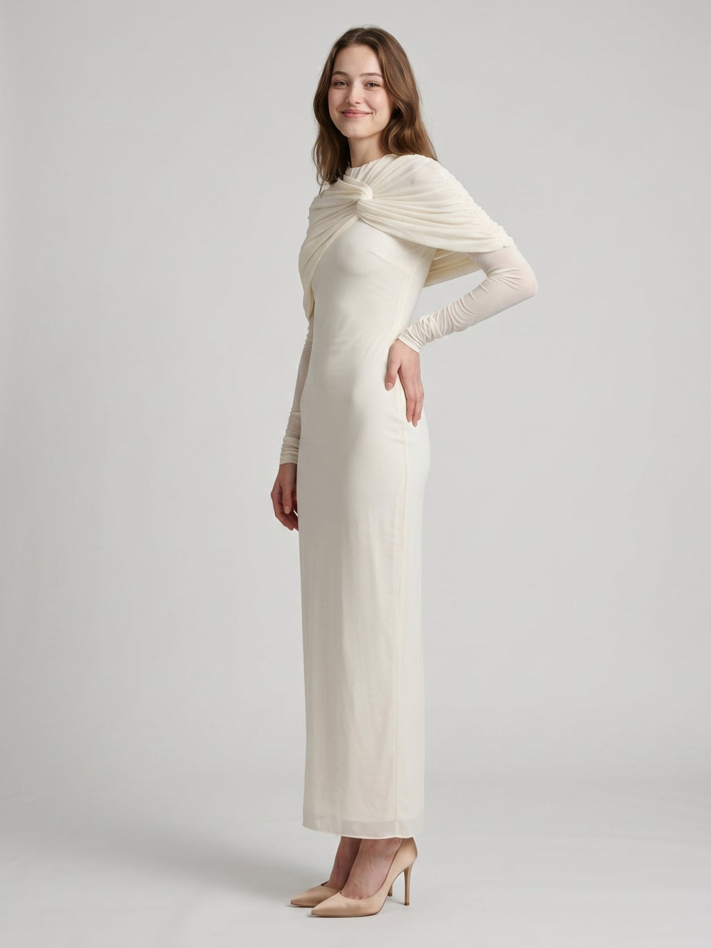 Ivory Chiffon Sheath Cowl Neck Back Zip Floor-Length Bridesmaid Dress - Curvevia