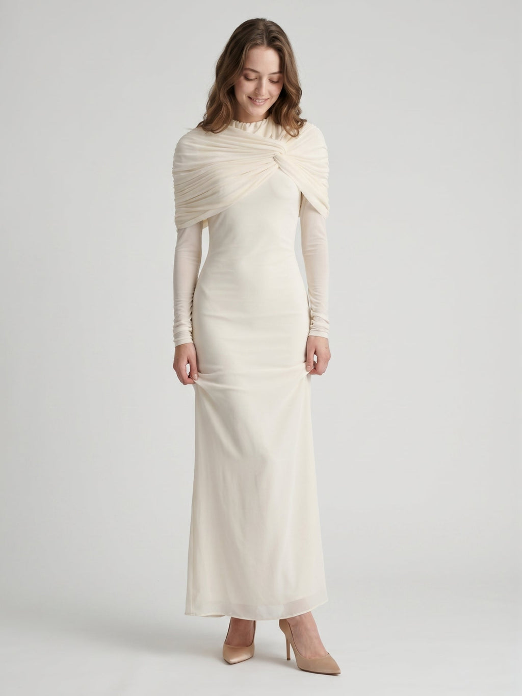 Ivory Chiffon Sheath Cowl Neck Back Zip Floor-Length Bridesmaid Dress - Curvevia