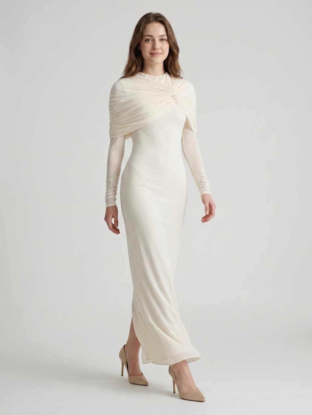 Ivory Chiffon Sheath Cowl Neck Back Zip Floor-Length Bridesmaid Dress - Curvevia
