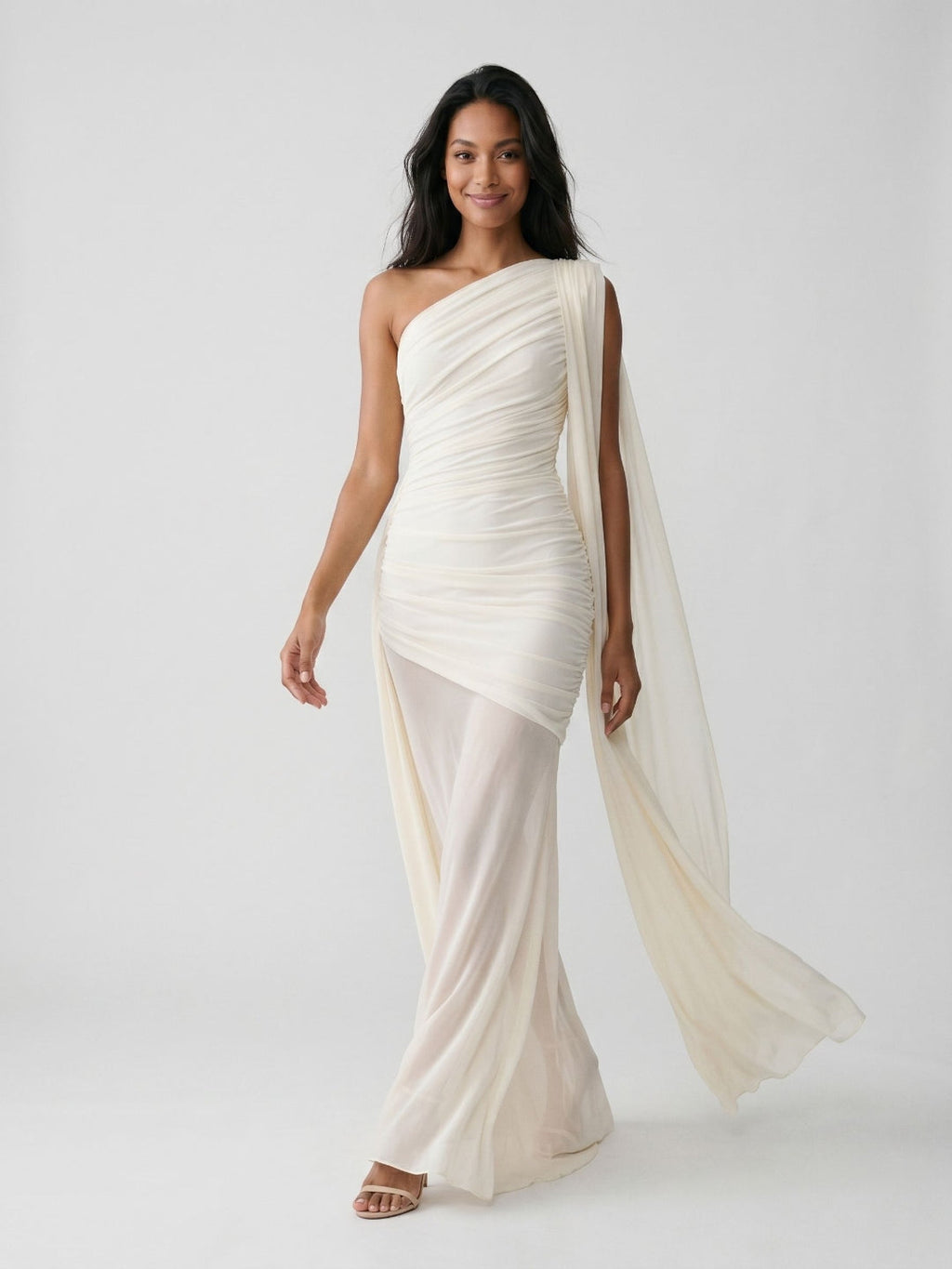 Ivory Chiffon Sheath One Shoulder Side Zip Floor-Length Dress with Pleating - Curvevia