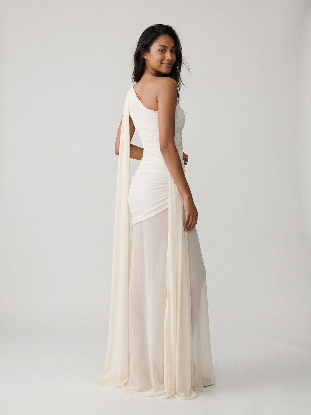 Ivory Chiffon Sheath One Shoulder Side Zip Floor-Length Dress with Pleating - Curvevia