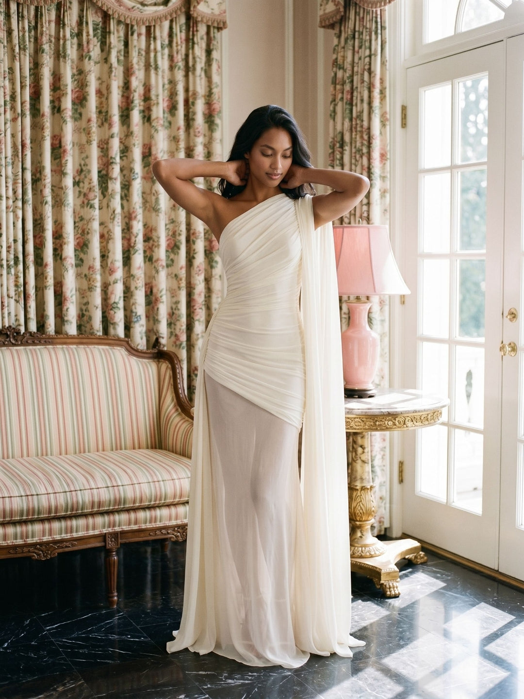 Ivory Chiffon Sheath One Shoulder Side Zip Floor-Length Dress with Pleating - Curvevia