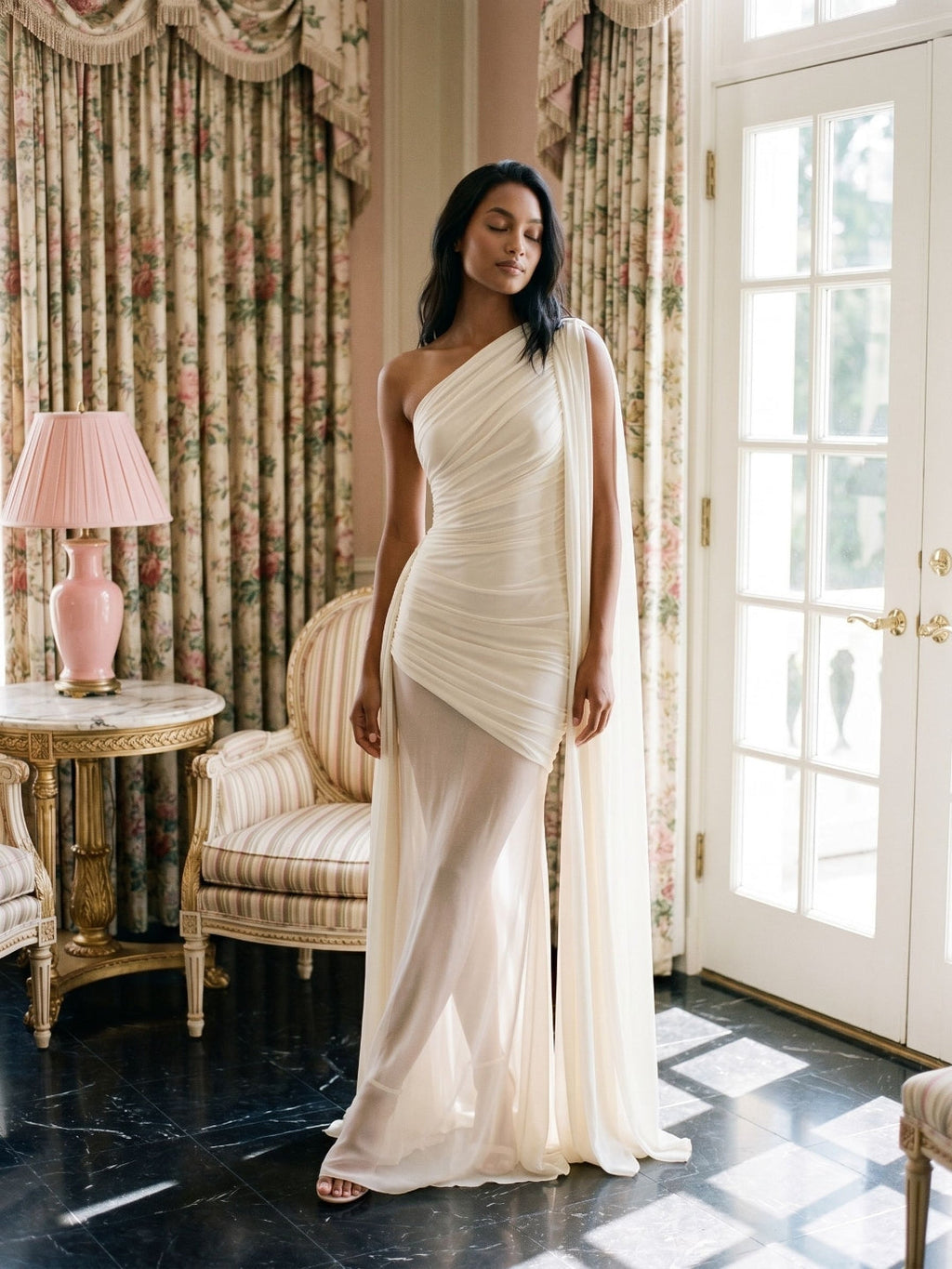 Ivory Chiffon Sheath One Shoulder Side Zip Floor-Length Dress with Pleating - Curvevia