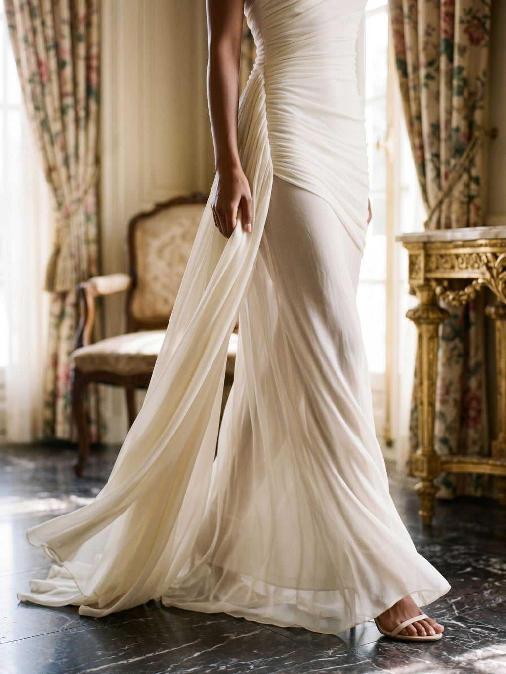 Ivory Chiffon Sheath One Shoulder Side Zip Floor-Length Dress with Pleating - Curvevia