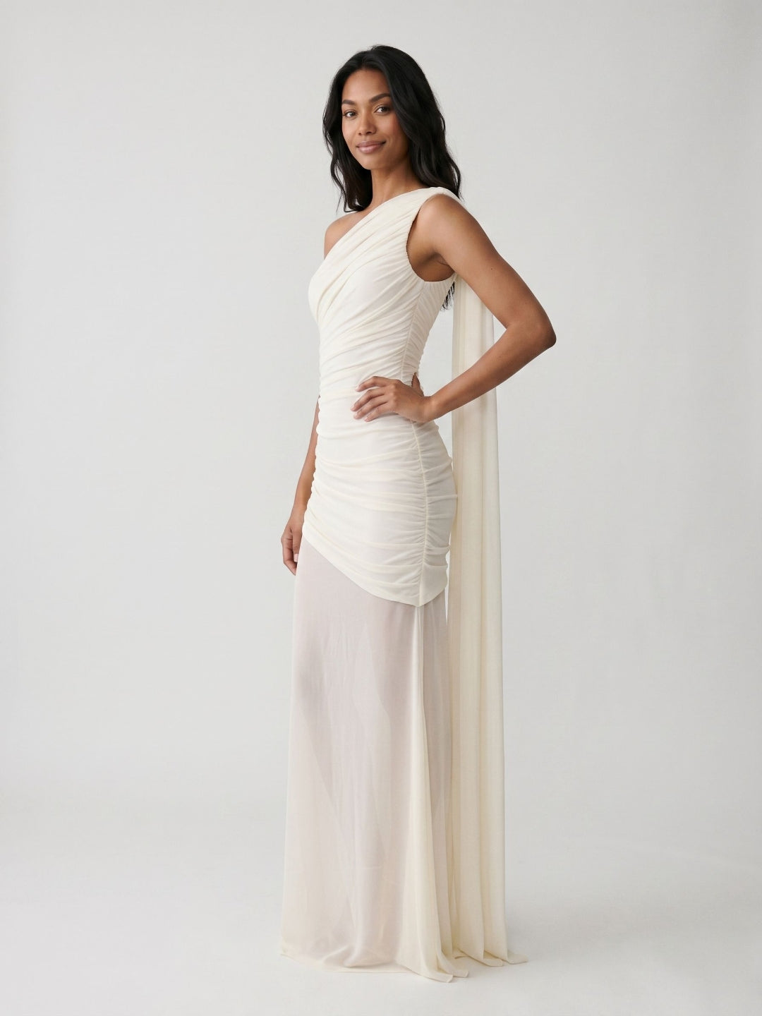 Ivory Chiffon Sheath One Shoulder Side Zip Floor-Length Dress with Pleating - Curvevia
