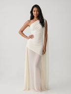 Ivory Chiffon Sheath One Shoulder Side Zip Floor-Length Dress with Pleating - Curvevia
