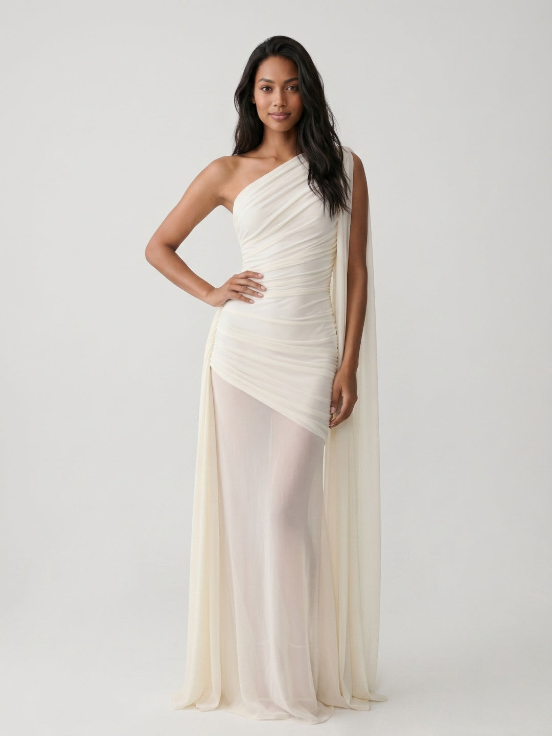 Ivory Chiffon Sheath One Shoulder Side Zip Floor-Length Dress with Pleating - Curvevia