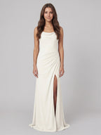 Ivory Chiffon Sheath Square Neck Keyhole Back Floor-Length Pleated Bridesmaid Dress - Curvevia