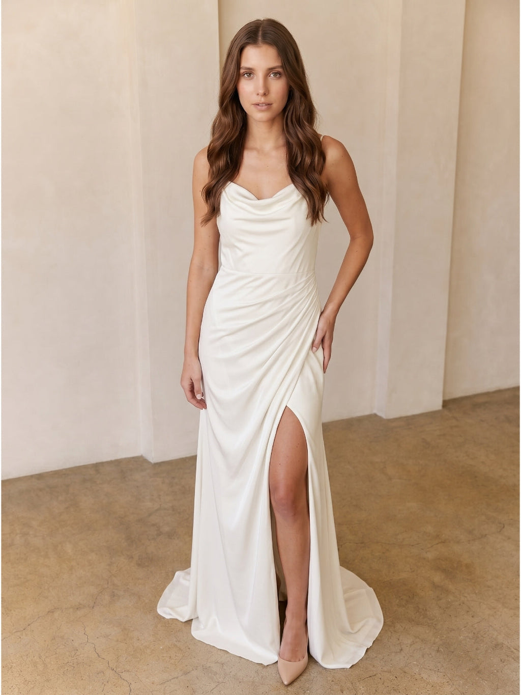 Ivory Chiffon Sheath Square Neck Keyhole Back Floor-Length Pleated Bridesmaid Dress - Curvevia