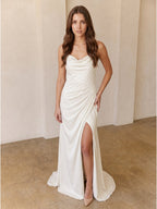 Ivory Chiffon Sheath Square Neck Keyhole Back Floor-Length Pleated Bridesmaid Dress - Curvevia
