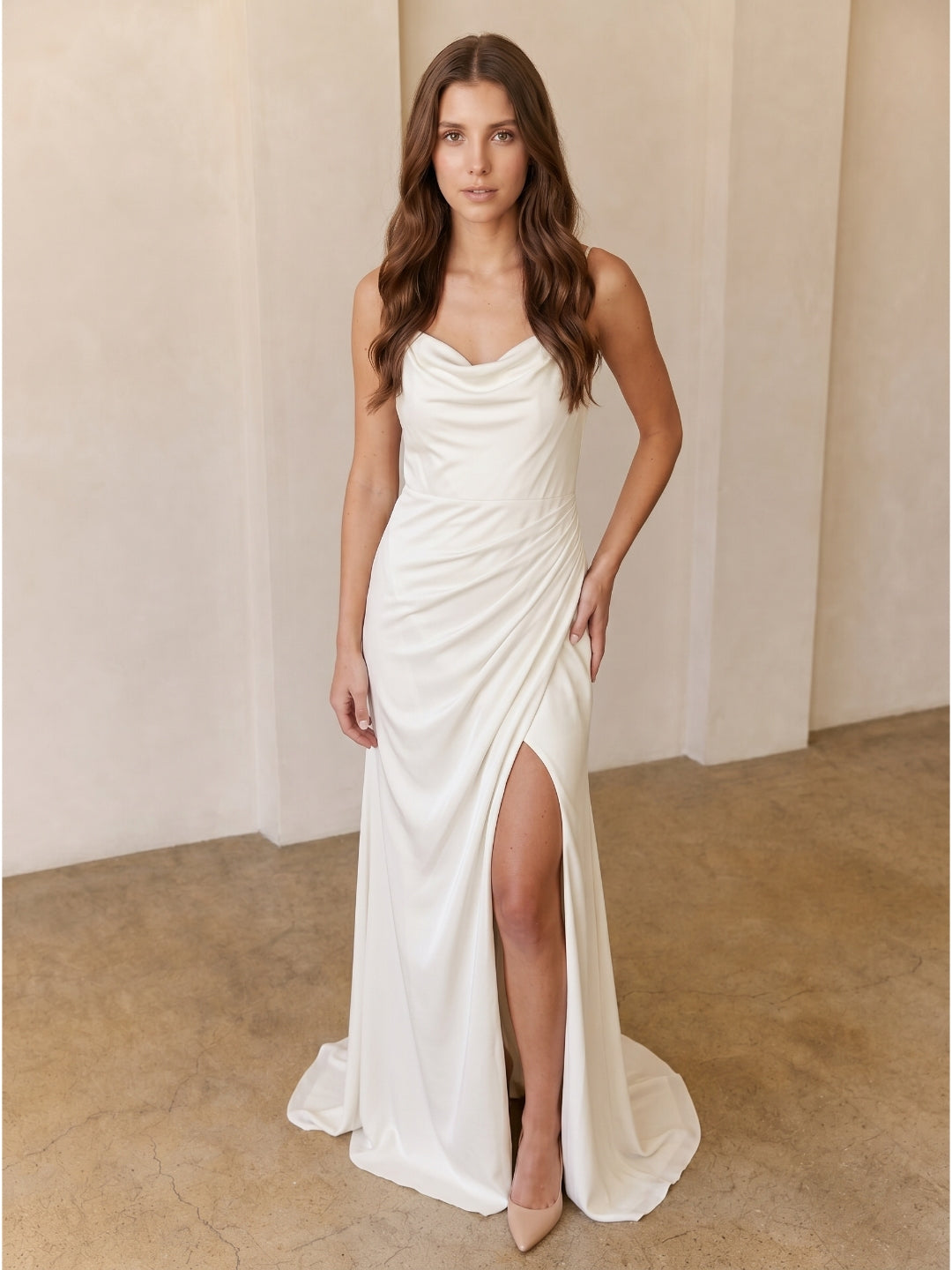Ivory Chiffon Sheath Square Neck Keyhole Back Floor-Length Pleated Bridesmaid Dress - Curvevia