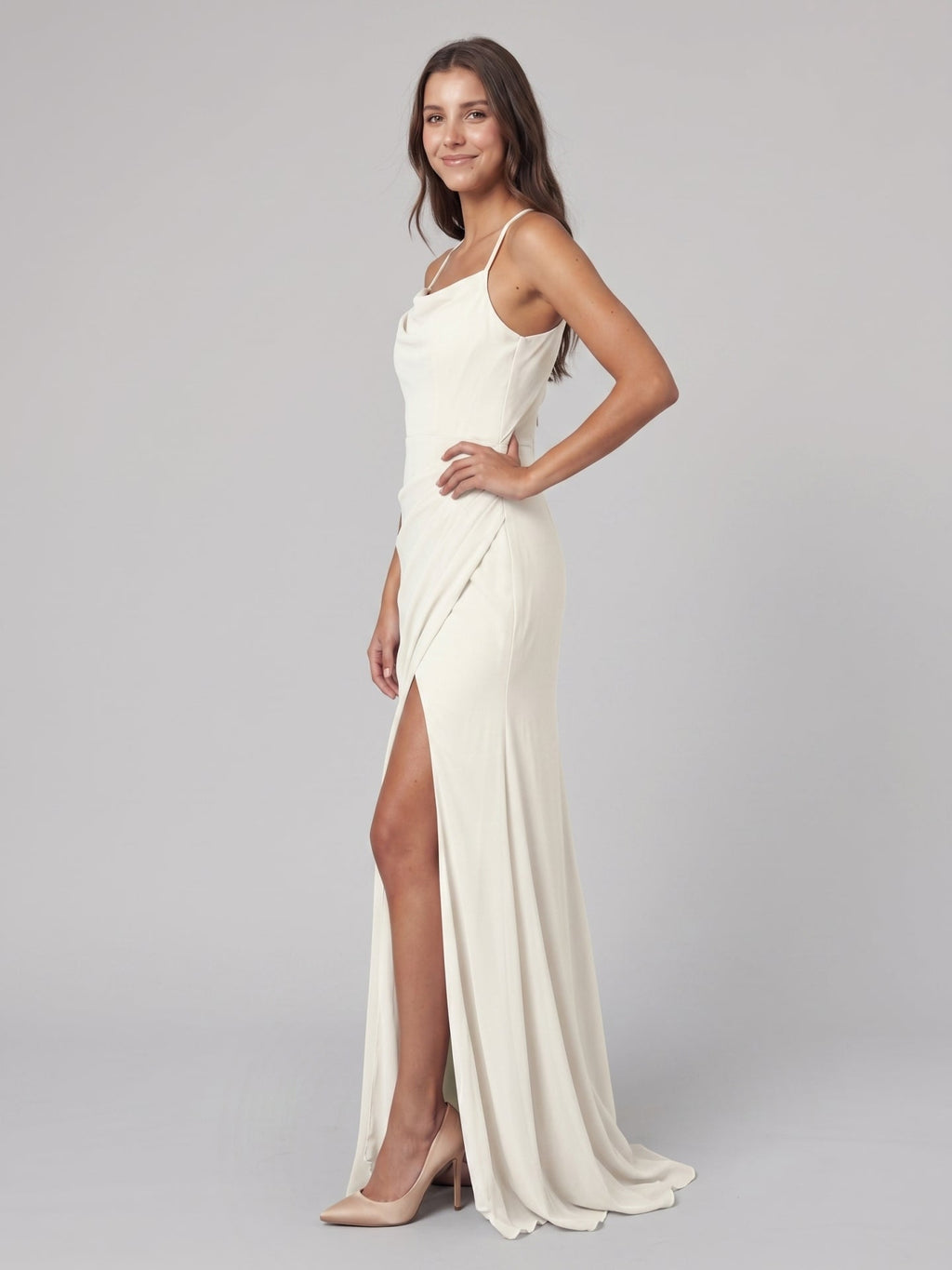 Ivory Chiffon Sheath Square Neck Keyhole Back Floor-Length Pleated Bridesmaid Dress - Curvevia