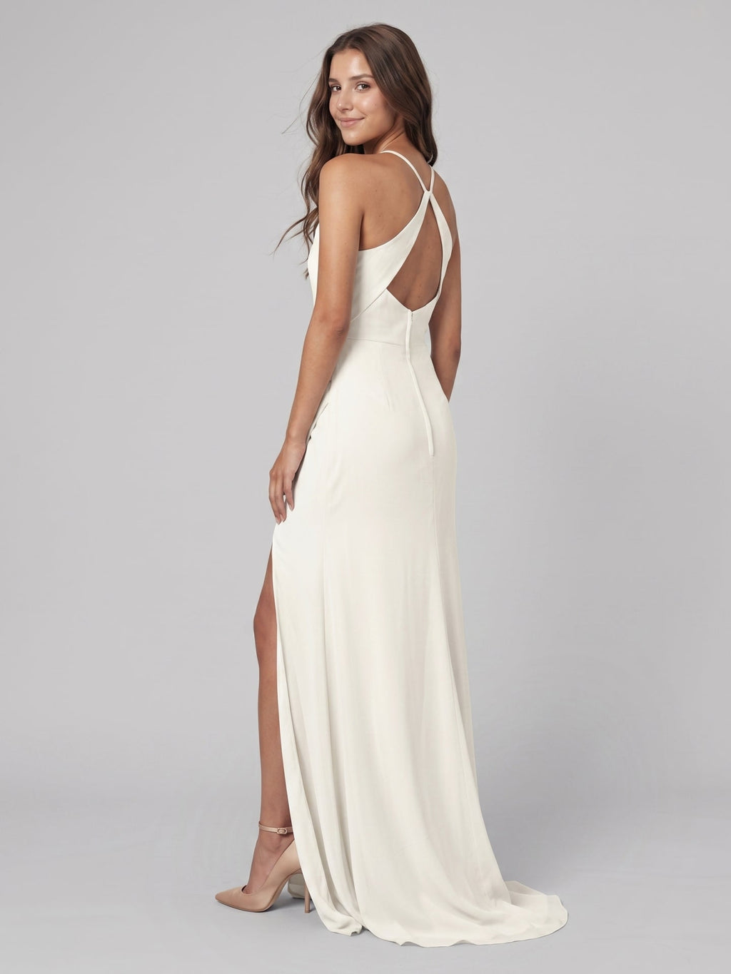 Ivory Chiffon Sheath Square Neck Keyhole Back Floor-Length Pleated Bridesmaid Dress - Curvevia