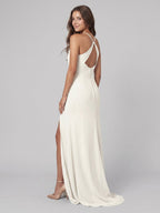 Ivory Chiffon Sheath Square Neck Keyhole Back Floor-Length Pleated Bridesmaid Dress - Curvevia