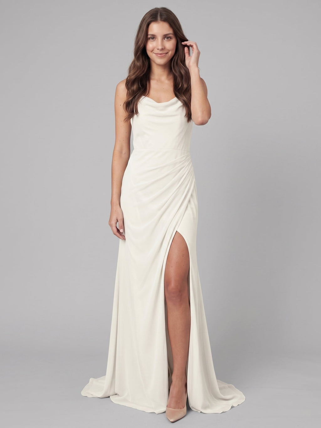 Ivory Chiffon Sheath Square Neck Keyhole Back Floor-Length Pleated Bridesmaid Dress - Curvevia