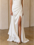 Ivory Chiffon Sheath Square Neck Keyhole Back Floor-Length Pleated Bridesmaid Dress - Curvevia
